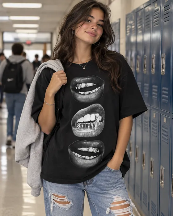 Oversized zwart t-shirt met zwart-wit print van drie lippen