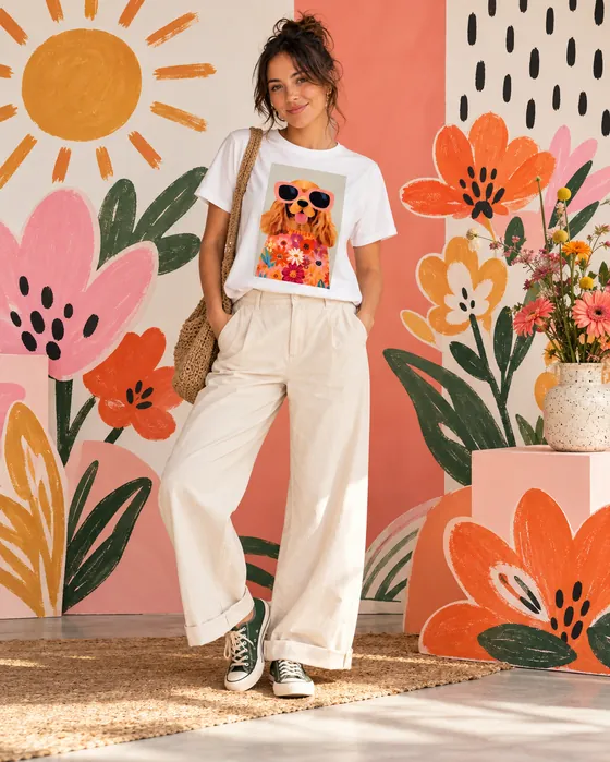 Wit t-shirt met illustratie van een hond met roze zonnebril en bloementrui